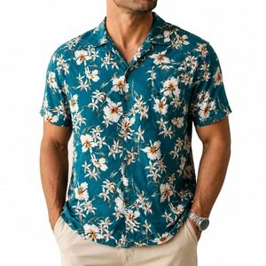 Royal Creations Mens XXXL Teal Floral Hawaiian Aloha Shirt Cotton Made in Hawaii